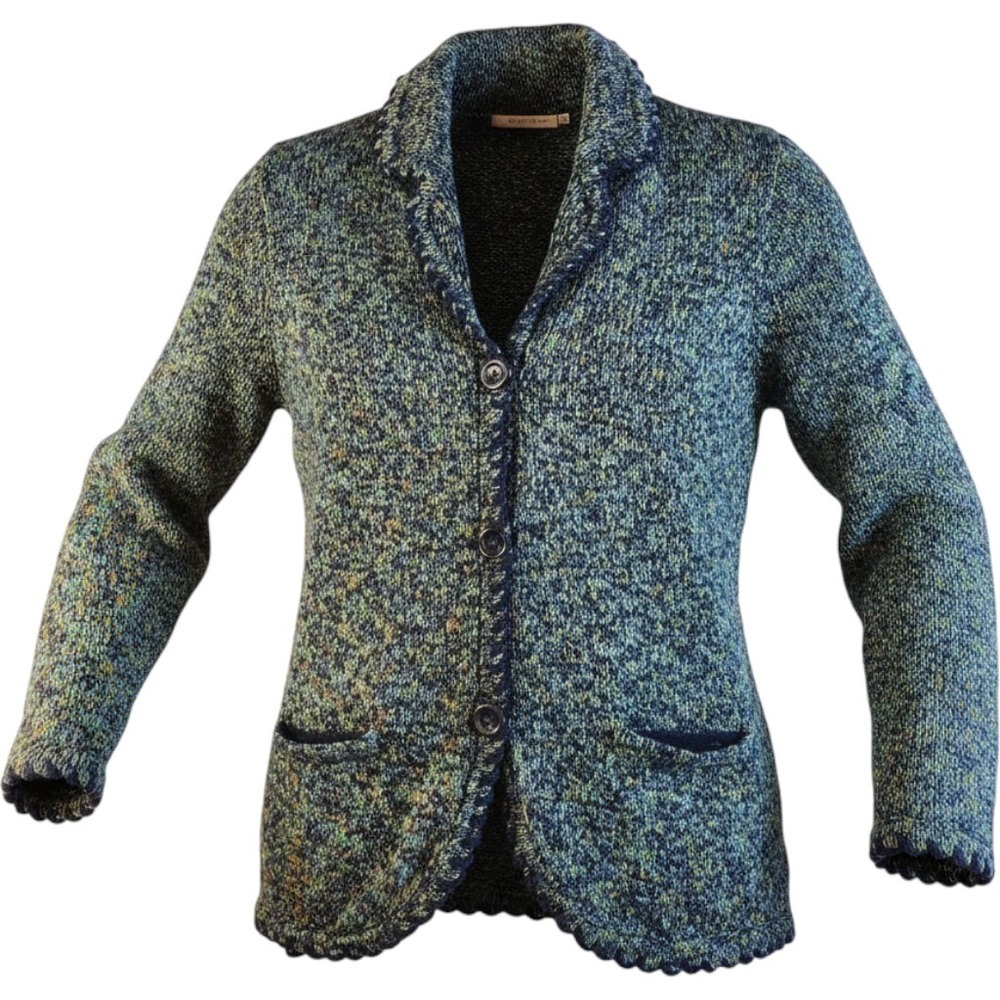ALLISON DALEY Cardigan Sweater Womens Medium Blue Green Tweed Pattern Poly Blend